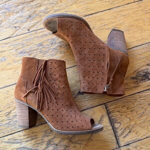 TOMS Suede Peep-Toe Fringe Boots